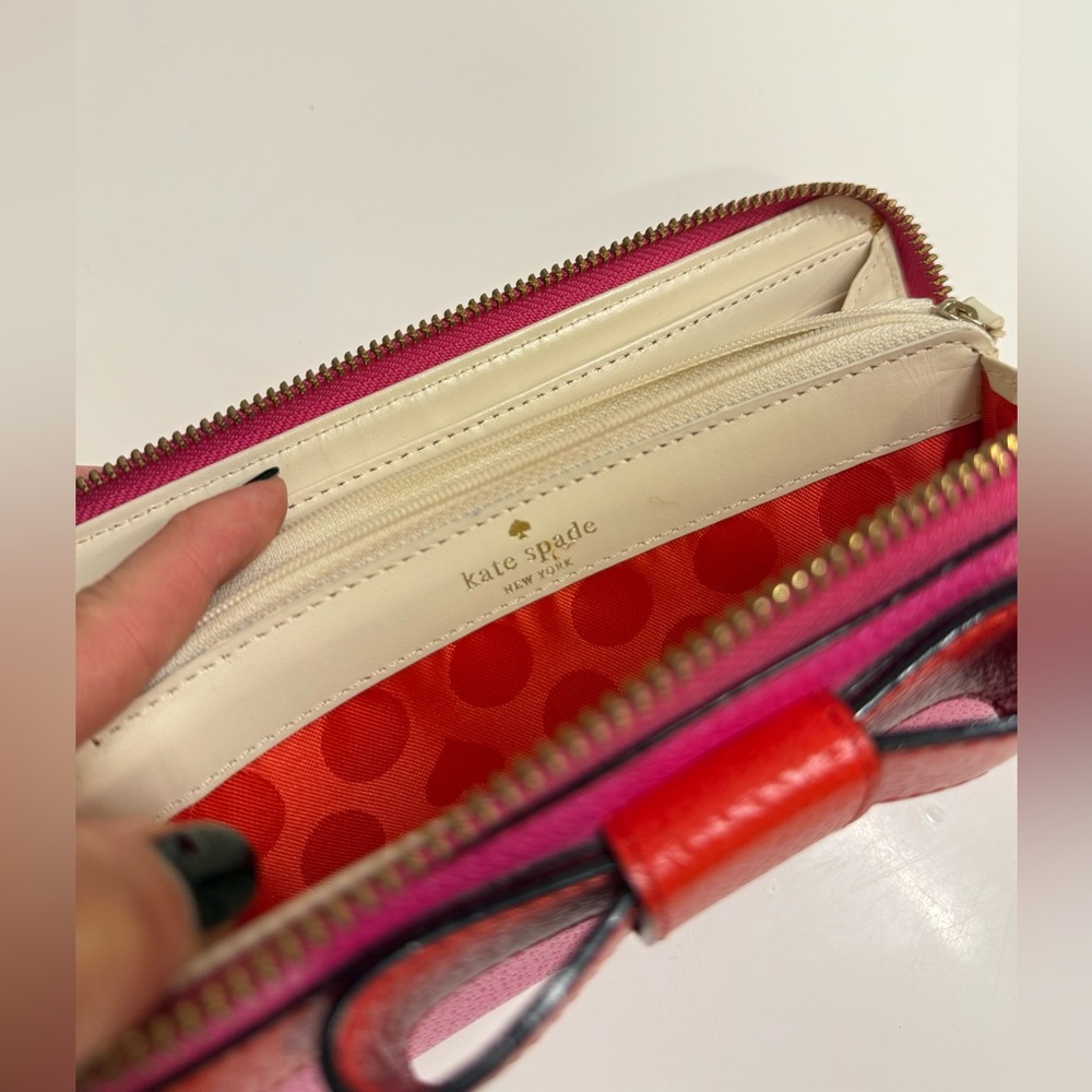 Kate Spade Colorblock Bow Leather Zip-Around Wallet | Bright Pink & Red - Picture 6 of 8